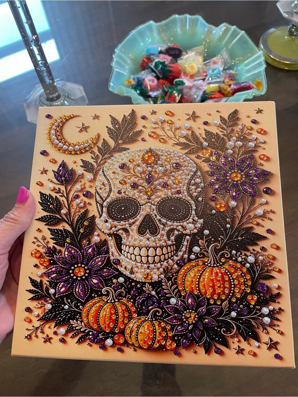 Embellished Skull & Pumpkins Gem Canvas Wall Art